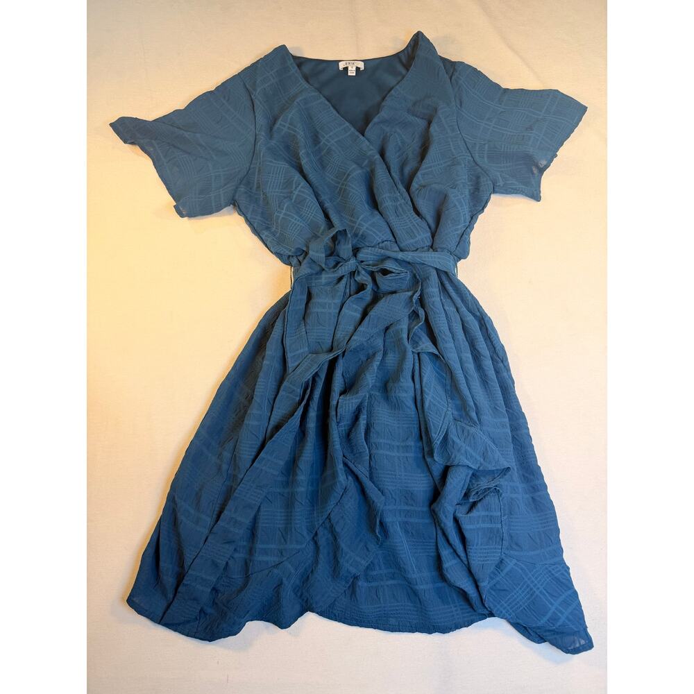 AUW Teal Blue Wrap Dress Women’s 1X Textured Windowpane Belted Flutter Sleeve